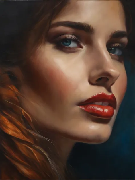 A master oil painting，Close-up of the side face of a beautiful woman