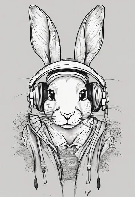 Cool and trendy rabbits, rainbow-colored hair, Yellow eyes, Wear trendy hip-hop clothes, Wearing a hoodie, Graphic T-shirt and ripped jeans, Lots of tattoos and piercings, Doodle style background, Highly detailed background, perfect masterpiece, High quali...