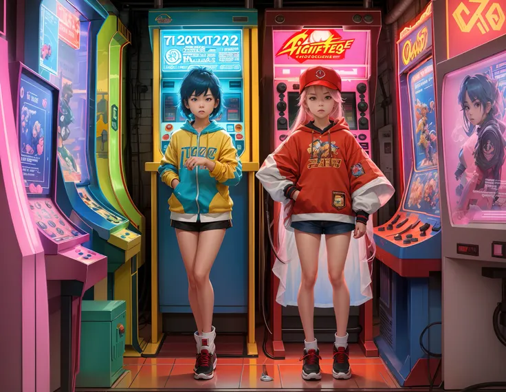 ((tmasterpiece))，((best qualtiy))，((The is very detailed：1.3))， Boys and girls in the popular arcade arcades of the 90s, Play Street Fighter fighting game with passion, Rooms with arcades and neon lights , neonlight，They stand in front of an arcade machine...