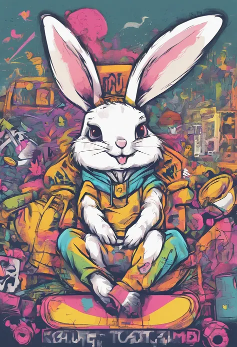 Cool and trendy rabbits, rainbow-colored hair, Yellow eyes, Wear trendy hip-hop clothes, Wearing a hoodie, Graphic T-shirt and ripped jeans, Lots of tattoos and piercings, Doodle style background, Highly detailed background, perfect masterpiece, High quali...