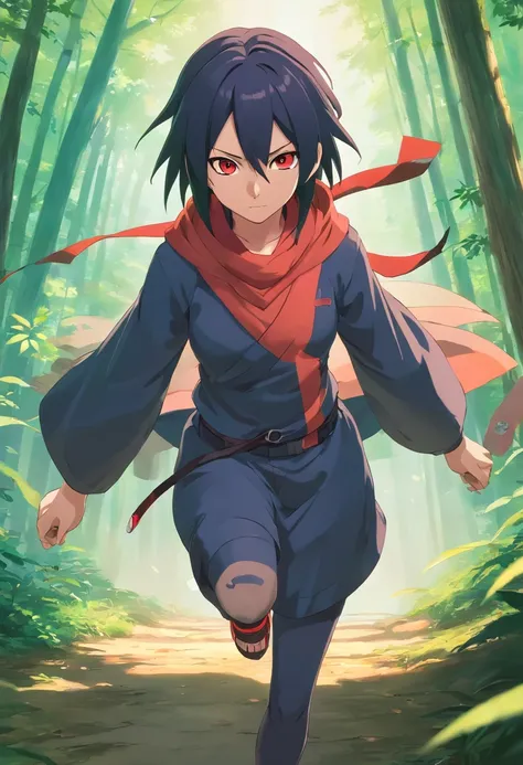 1 Itachi Uchiha, corpo inteiro, Ambu hunter outfit, Sharingan ativo nos olhos, fundo de floresta, agachado encima de um tronco, maos segurando espada,estilo anime, bandana na testa