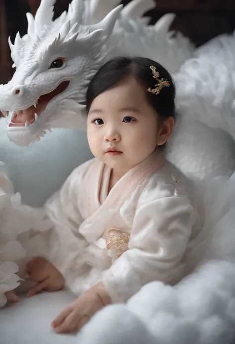 A two-year-old Chinese baby girl,Lovely, face round,Slept on a white dragon bed, a photorealistic painting by Ju Lian, shutterstock contest winner, Fantasy art, a dragon made of clouds, Chinese fantasy, lie on white clouds fairyland，Camera shot, Film style...