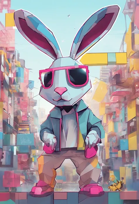 Cool and trendy rabbits, rainbow-colored hair, Yellow eyes, Wear trendy hip-hop clothes, Wearing a hoodie, Graphic T-shirt and ripped jeans, Lots of tattoos and piercings, Doodle style background, Highly detailed background, perfect masterpiece, High quali...