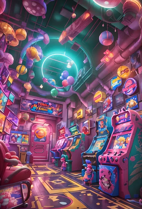 ((tmasterpiece))，((best qualtiy))，((The is very detailed：1.3))， Boys and girls in the popular arcade arcades of the 90s, Play Street Fighter fighting game with passion, Rooms with arcades and neon lights , neonlight，They stand in front of an arcade machine...