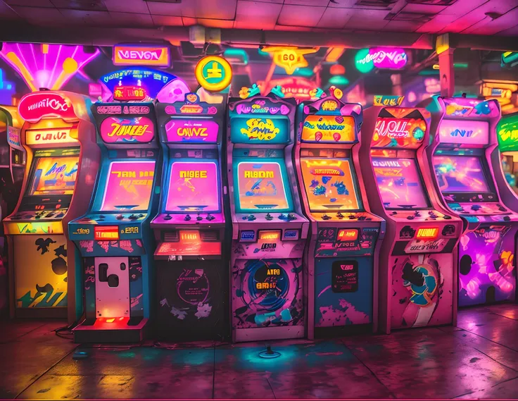 There are many game consoles with neon lights in the arcade arcade, Arcade consoles, Arcade games, Arcade consoles, 1980s arcade machine, Busy arcade, Pink yellow and blue neon signs, Arcade, Street Fighter, Arcade cabinets, neon signs in background, color...