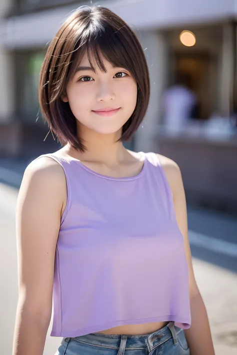 15 years old girl with short hair, adorable, light purple top.