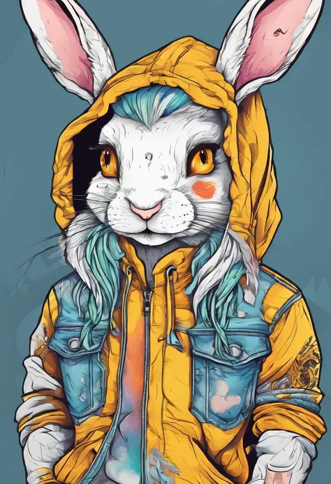 Cool and trendy rabbits, rainbow-colored hair, Yellow eyes, Wear trendy hip-hop clothes, Wearing a hoodie, Graphic T-shirt and ripped jeans, Lots of tattoos and piercings, Doodle style background, Highly detailed background, perfect masterpiece, High quali...