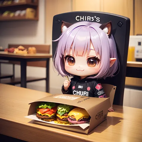 ​masterpiece、top-quality、ultra-detailliert、(Chibi Charas Daughter:1.3)、Purple Bob、Canine ears、wraith、ダブルチーズベーコンビッグバーガー🍔のスペシャルセットメニュー、Inside a fast food restaurant、eats、A smile