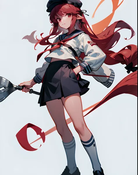 cropped shoulders，knee length socks，stand up，with a hat on，standing straight，leather shoes，a sailor suit