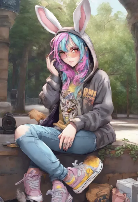 Cool and trendy rabbits, rainbow-colored hair, Yellow eyes, Wear trendy hip-hop clothes, Wearing a hoodie, Graphic T-shirt and ripped jeans, Lots of tattoos and piercings, Doodle style background, Highly detailed background, perfect masterpiece, High quali...