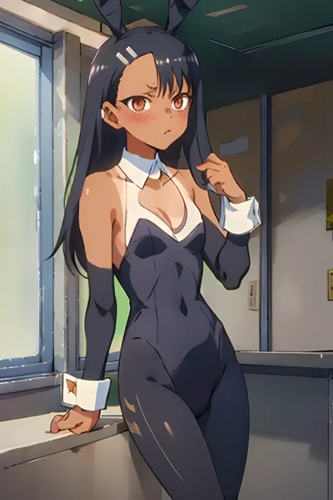1girl, solo,sitting, small breast, masterpiece, professional artwork, famous artwork, perfect face,nagatoro hayase, brown eyes, hairclip, black hair, cowboy shot, black hair, beautiful face, intense look, ((perfect female body, narrow waist)), background c...