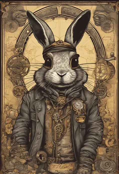 Cool and trendy rabbits, rainbow-colored hair, Yellow eyes, Wear trendy hip-hop clothes, Wearing a hoodie, Graphic T-shirt and ripped jeans, Lots of tattoos and piercings, Doodle style background, Highly detailed background, perfect masterpiece, High quali...