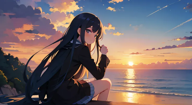 anime girl with long hair sitting on a cliff while watching the sunset at the sea