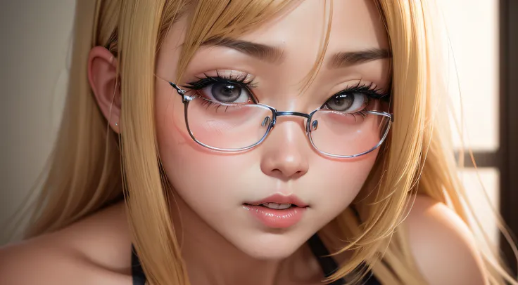 Close up portrait of a womans face kissing a Korean idol　eye glass　A MILF　sweaty and shiny skin　Blonde shortcuts　Ai Shinozaki　Alafe