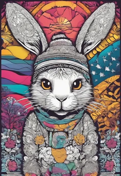 Cool and trendy rabbits, rainbow-colored hair, Yellow eyes, Wear trendy hip-hop clothes, Wearing a hoodie, Graphic T-shirt and ripped jeans, Lots of tattoos and piercings, Doodle style background, Highly detailed background, perfect masterpiece, High quali...