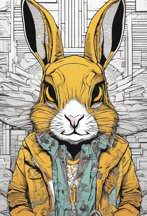 Cool and trendy rabbits, rainbow-colored hair, Yellow eyes, Wear trendy hip-hop clothes, Wearing a hoodie, Graphic T-shirt and ripped jeans, Lots of tattoos and piercings, Doodle style background, Highly detailed background, perfect masterpiece, High quali...