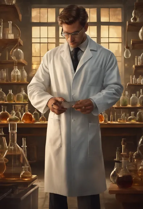 arafed man in a lab holding a glass with a liquid inside, he is in a alchemist lab, mad scientist working, portrait of a rat mad scientist, poetic sequence in mr. clean, russian lab experiment, elite scientist, portrait of a male hydromancer, scientist, in...