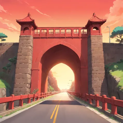 The red stone arch bridge that is about to enter，On an empty highway，background is simple，There are no other objects，Positive perspective，Shoot at a very long distance