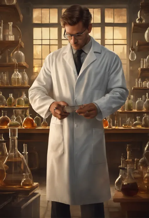 arafed man in a lab holding a glass with a liquid inside, he is in a alchemist lab, mad scientist working, portrait of a rat mad scientist, poetic sequence in mr. clean, russian lab experiment, elite scientist, portrait of a male hydromancer, scientist, in...