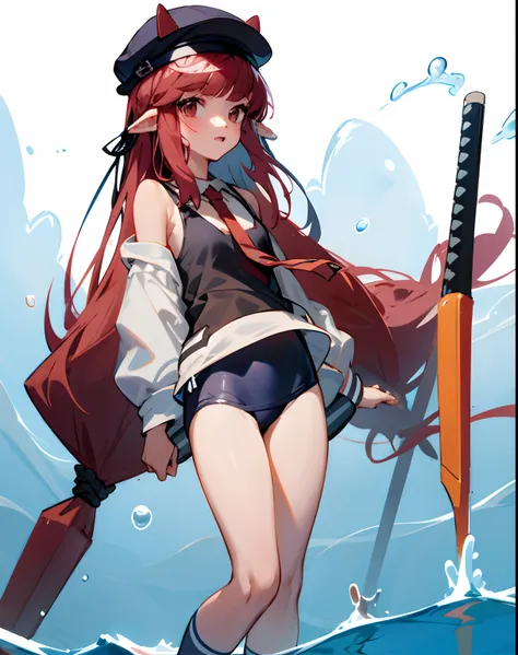 cropped shoulders，knee length socks，stand up，with a hat on，standing straight，without wearing shoes，swimming uniform