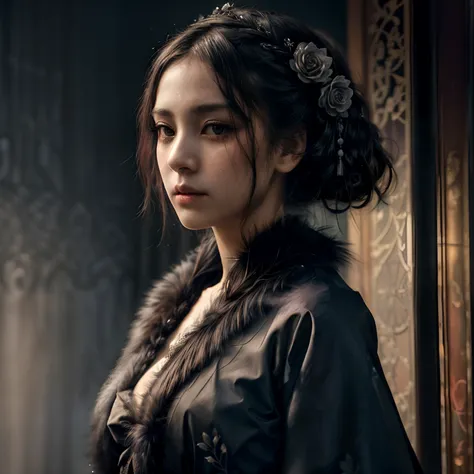 Official Art, Unity 8k wallpaper, super detailed, beautiful, beautiful girl, wearing black clothing, masterpiece, best quality, dark, atmospheric, mystical, romantic, creepy, literature, art, fashion, showa era, decoration, intricacies, fur products, lace,...