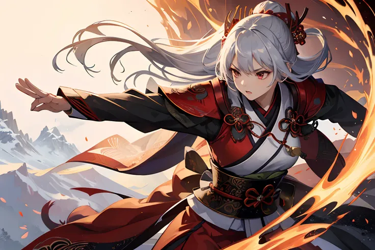 female samurai, beautiful girl, red kimono, silver katana, fluttering clothes, jumping, fight against black dragon, breathing fire, shock waves, flying in the sky, mountain top, moonlit night, (masterpiece, top quality, best quality, official art, beautifu...