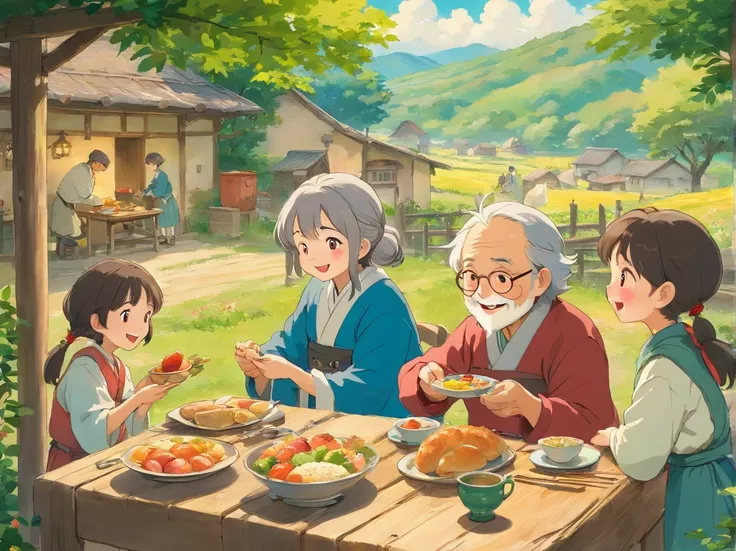 old man eating breakfast in the countryside, children playing, traditional festival, joyful atmosphere, cozy outdoor setting, traditional food, vibrant colors, warm sunlight, rustic scenery, laughter and happiness, multi-generational gathering, cultural tr...