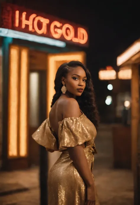 Picture an elegant Afroed woman standing confidently in front of a neon sign that reads "Hot Pot Gold." The image captures the early 2020s style and features a full-body shot of the woman, who is approximately 25 years old. The heavenly background is fille...