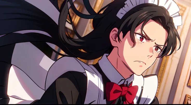 masterpiece, (1man), luci, red eyes, black hair, maid outfit, maid head accessories, flustered, angry blush, looking away