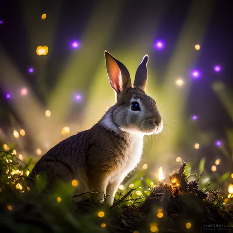 close up photo of a rabbit in an enchanted forest, nighttime, fireflies, volumetric fog, halation, bloom, dramatic atmosphere, c...