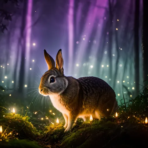 close up photo of a rabbit in an enchanted forest, nighttime, fireflies, volumetric fog, halation, bloom, dramatic atmosphere, centred, rule of thirds, 200mm 1.4f macro shot