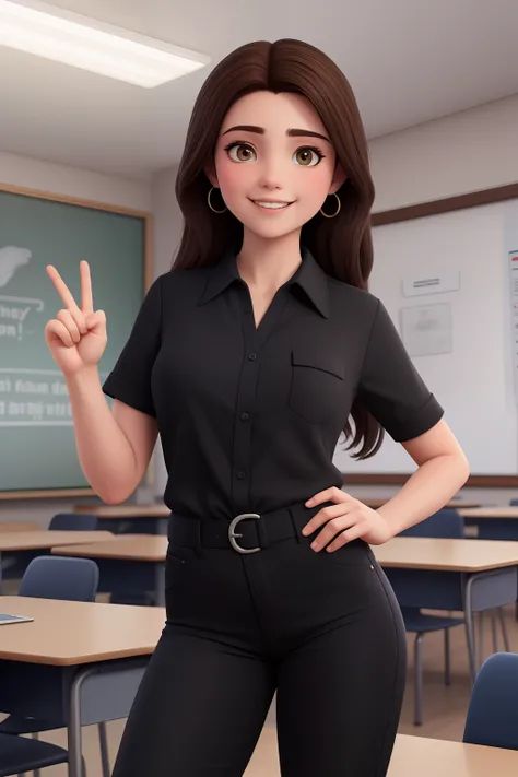 Uma mulher de 18 anos, com longos cabelos castanhos, Rosto redondo, sorriso encantador, e olhos castanhos, Classroom with studio lighting, sign language interpreter and sign language teacher wearing black outfit, black blouse and black jeans fundo de telão...