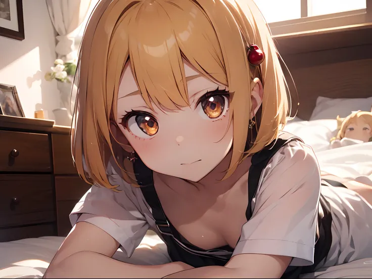 masutepiece,Best Quality,High resolution,1 cute girl,pale skin,Petite,flaxen hair,bob cuts,hime_cut,Amber eyes,slanted eye,agitation,Small breasts, pleated dress, on the bed, Trembling girl, wariza, Cherry Pin Clip, Expect a kiss