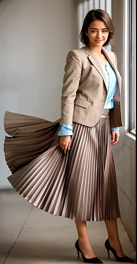 (shy:1,2) (smiling;1,1) woman playing with skirt, dancing, wearing short blazer and very very detailed (long (fully pleated) full circle skirt) and (simple) low heeled office shoes, very very intricate hyper-detailed symmetric (attractive graceful young fe...