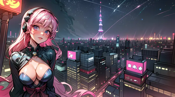 sexy anime 1girl,headphone,glowing skin,beautiful background,beautiful sky,aesthetic,venilla,night,cleavage,japan,tokyo city,ultra-detailed,cute face,shiny eyes,long hair,waist-length,pink hair,thin waist,slender figure,youthful charm,stylish outfit,trendy...