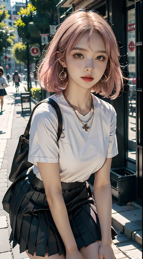 Bokeh background, masterpiece, 1 girl, waist up, faint smile, shiny skin, best quality, masterpiece, (realistic: 1.4), school uniform, pleated skirt, black stockings, background blur, focal length on person, (large aperture: 1.2), pink hair, necklace, earr...