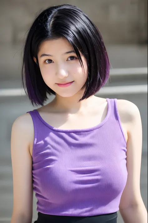 15 years old girl with black short hair, adorable, light purple top.