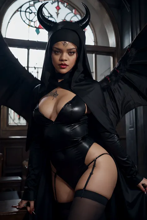 Rihanna as an evil nun,en robe de nonne sexy, Two Demon Horns on the head, rouge & Black Demon Wings, diabolique, insidieux, Dark and Sinister Satanic Church