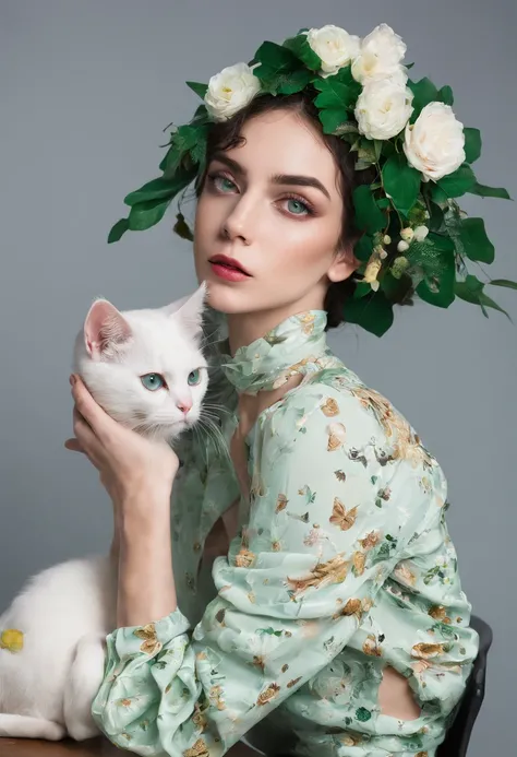 mulher negra olhos verdes cabelo cacheado, vestido floral, Using a sewing machine thats on a table, uma gato em cima da mesa tambem, White cat blue eyes a black spot on the head between the ears and the black tail,