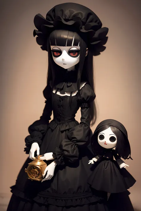 FNA the black puppet girl with a white creepy mask, tall slim skinny, black eyes, holding a music box