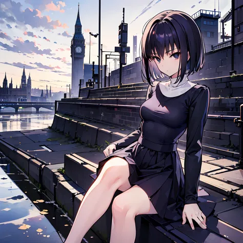 (Best Quality), (masutepiece),Highly detailed, 1girl in,alicekuonji, Standing cross-legged, Beautiful eyes , Hold back laughter, {London cityscape} Against the background of, short-hair, Black eyes､sister clothes