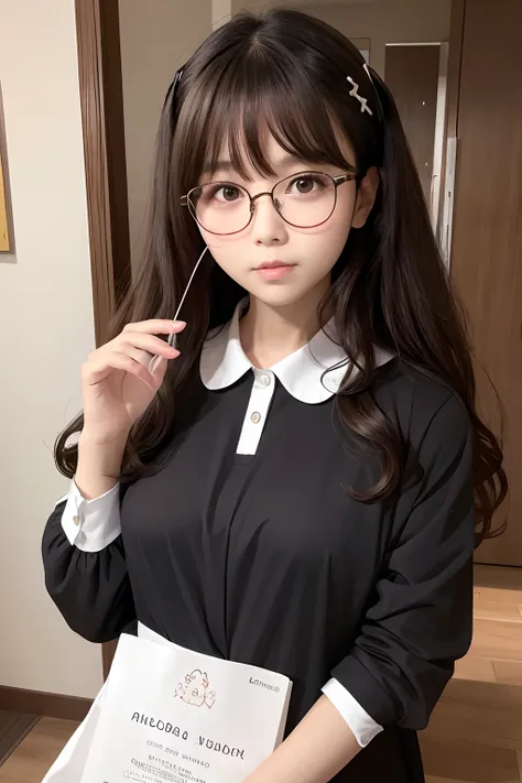 Maids、Glasses、Curly hair。Long、A dark-haired、a baby face、plump face、frontage