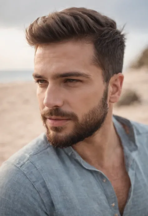 Homem sentado na areia da praia com as costas nuas em jeans, barba pequena e oculos de graus, cabelo cortado estilo militar, vendo o nascer do sol, Do it with your back to the camera, ((((from behind))), estilo muito realista