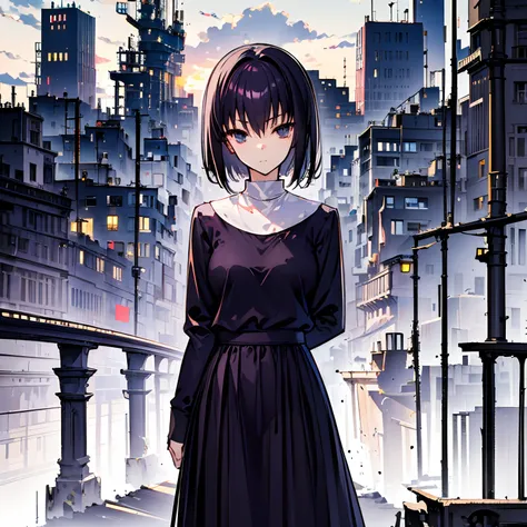 (Best Quality), (masutepiece),Highly detailed, 1girl in,alicekuonji, Standing cross-legged, Beautiful eyes , Hold back laughter, {London cityscape} Against the background of, short-hair, Black eyes､Simple sister clothing､long  skirt､