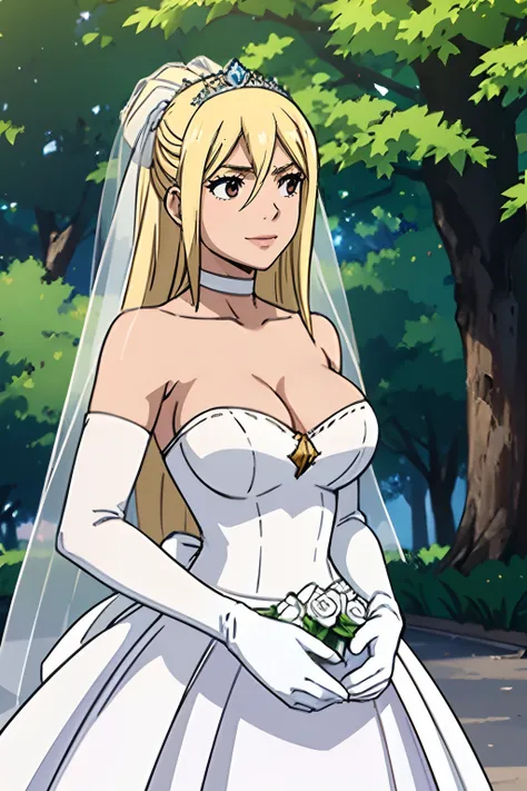 hair between eyes, ahoge, brown eyes,blond hair, star (symbol), hair ornament, dress, cleavage, bare shoulders, collarbone, long white elbow gloves, white gloves, white dress, white choker, strapless, tiara, veil, strapless dress, wedding dress, bridal vei...