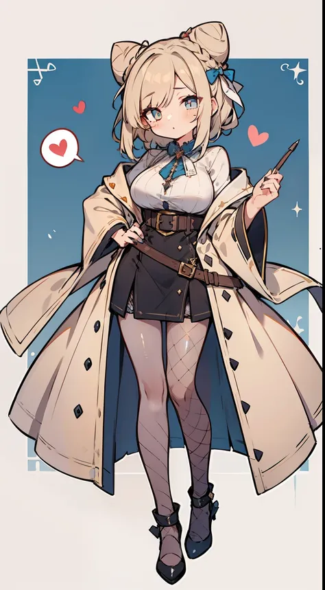 1girl in, fullllbody, Character Design, ((Soft bun light beige hair)), ((Eyes are blue)),  (Sauce order), ((White hairpin)), (Mole under the left eye), Long bangs, Eyes are hearts, Brainwashed, large full breasts, High quality, 痴女, Magic Makeover, Witch st...