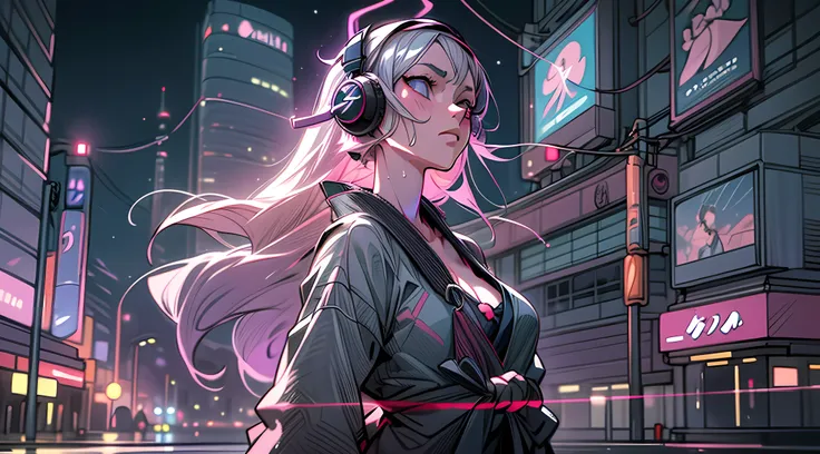 (best quality,4k,8k,highres,masterpiece:1.2),ultra-detailed,(realistic,photorealistic,photo-realistic:1.37),sexy anime 1girl,headphone,glowing skin,beautiful background,beautiful sky,aesthetic,vanilla,night,cleavage,japan,tokyo city,anime style,shimmering ...