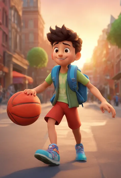 Cartoon boy with backpack and basketball in front of the crowd, 3D cinematic animation, Animated Movies, pixar 3 d animation style, Pixar render, Maya 8000, Animated Movies, disney pixar 3d style, Running around the pitch with a smile on his face, In anoth...