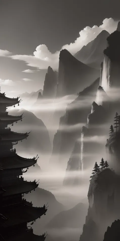 Chinese martial arts style, with vast sky, continuous mountains and steep cliffs, ink wash style, outline light, atmospheric atmosphere, depth of field, mist rising, bamboo, pine trees, stone pavilions, waterfalls,ink