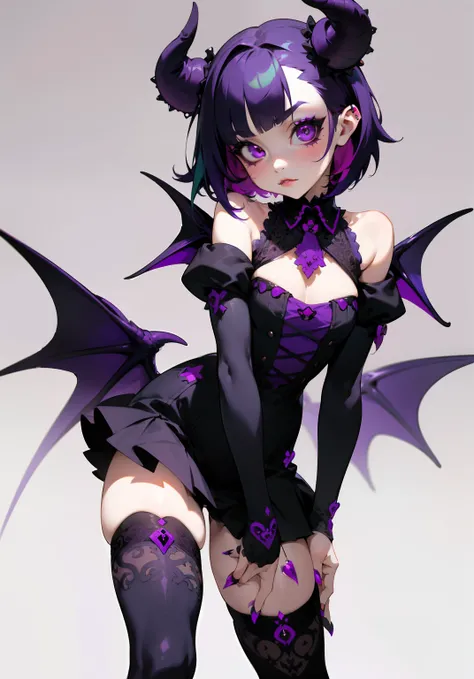 1GIRL, cute girl, finely detailed, (best quality), (intricate details), cute style, goth style, succubus girl, multicolored, ((short purple hair)), best quality, ((goth style clothes)), ((round eyes)), ((thigh high socks)), beautiful face, standing, cute f...